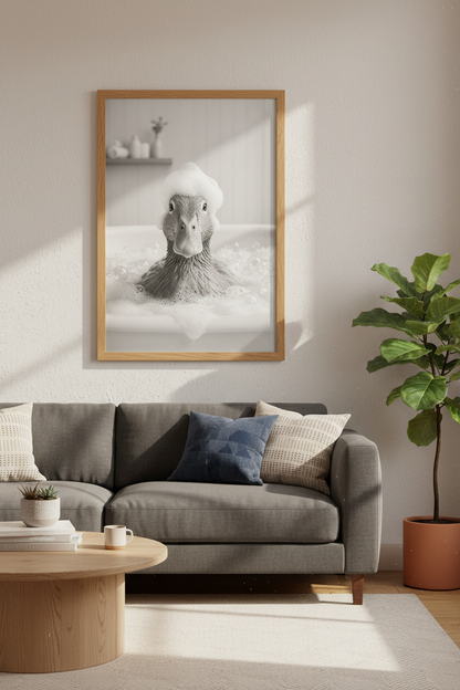Funny Duck in Bathtub Wall Art | Black and White Bathroom Decor | Animal Poster