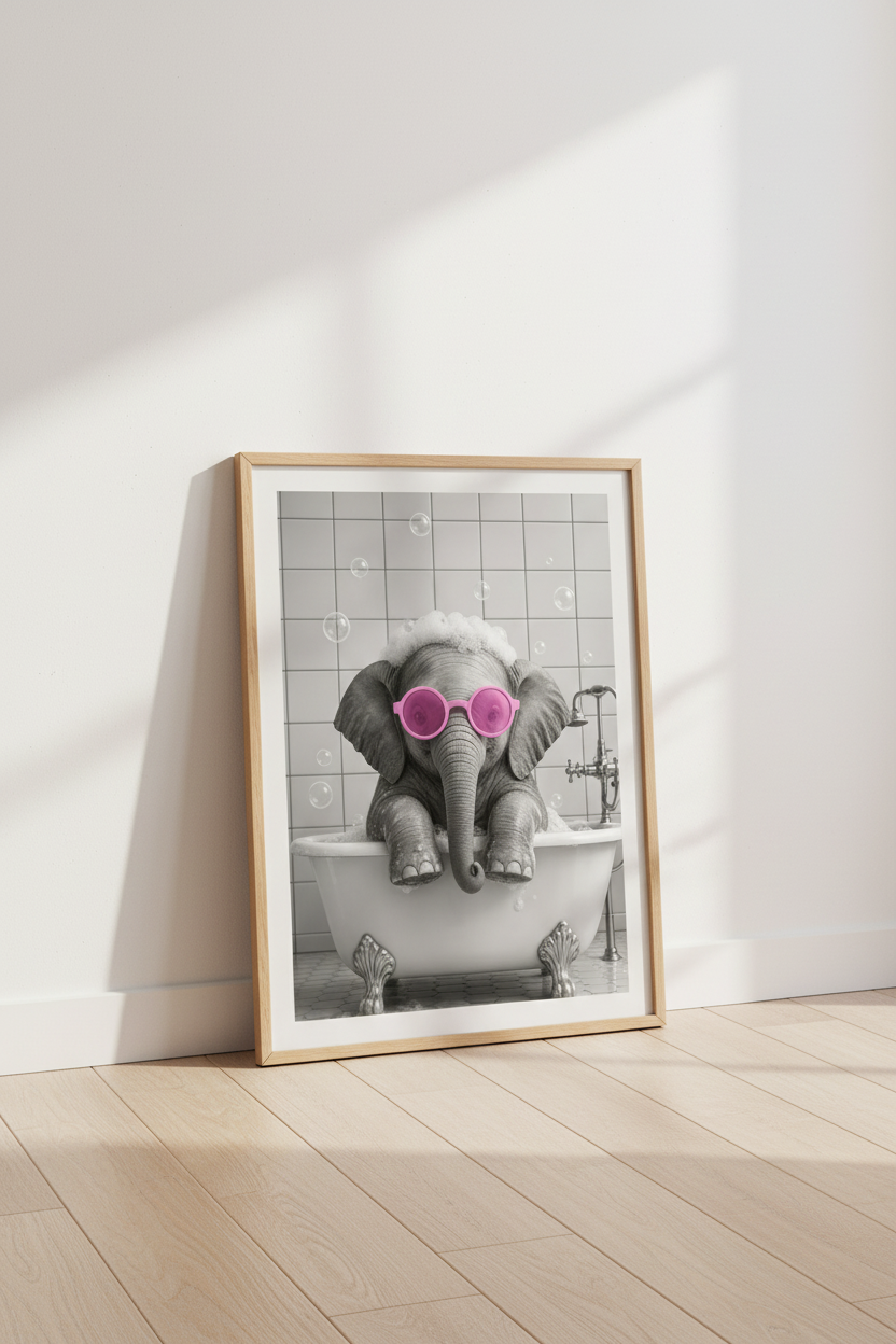 Elephant in Bathtub Art | Pink Sunglasses, Cute Nursery Bathroom Poster