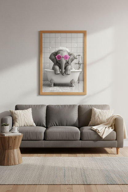 Elephant in Bathtub Art | Pink Sunglasses, Cute Nursery Bathroom Poster