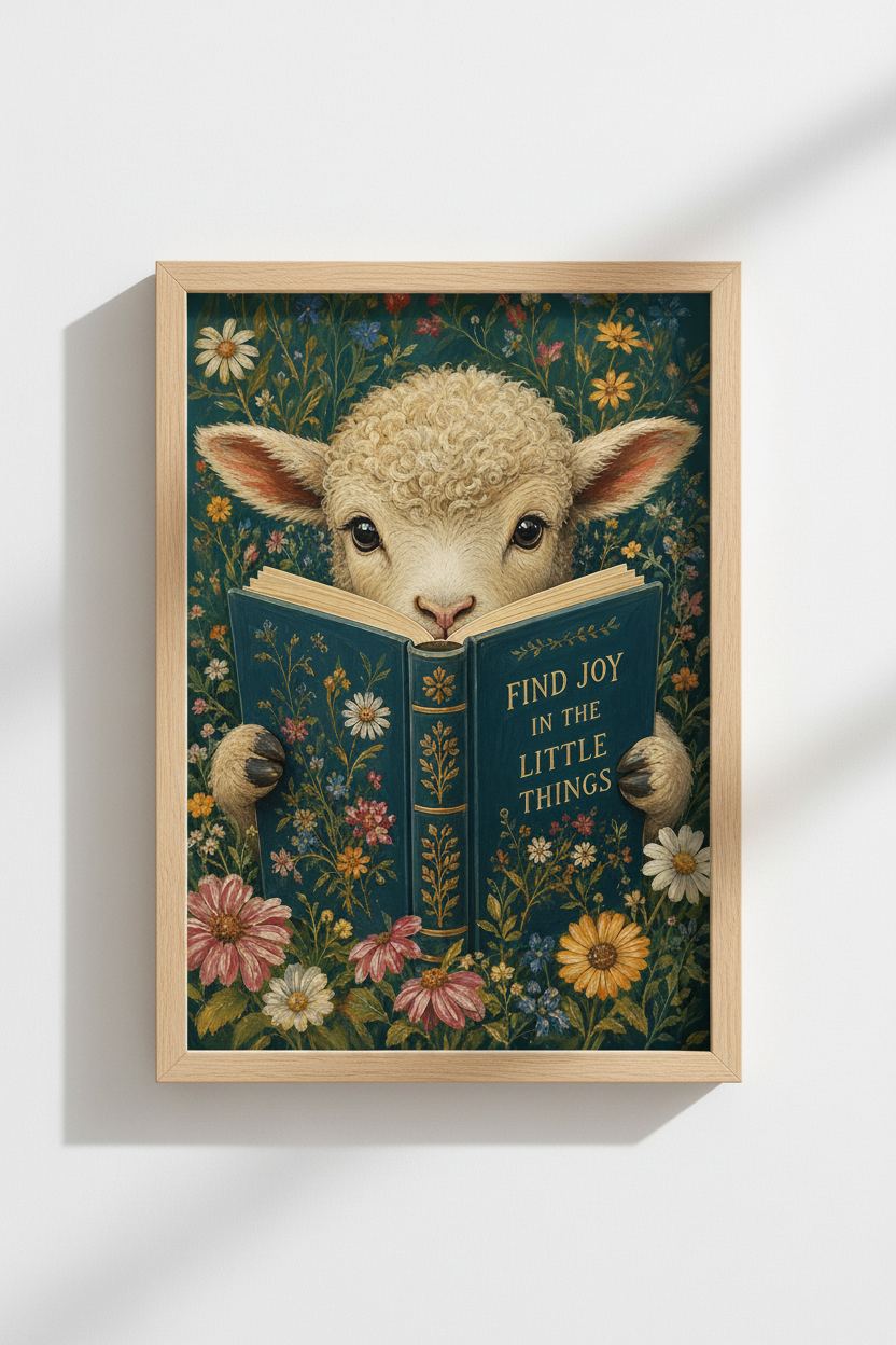 Whimsical Lamb Wall Art Print | Cottagecore Flower Decor, Nursery Animal Poster