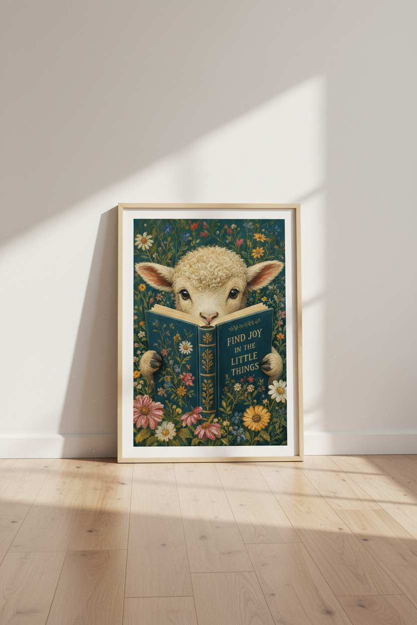 Whimsical Lamb Wall Art Print | Cottagecore Flower Decor, Nursery Animal Poster