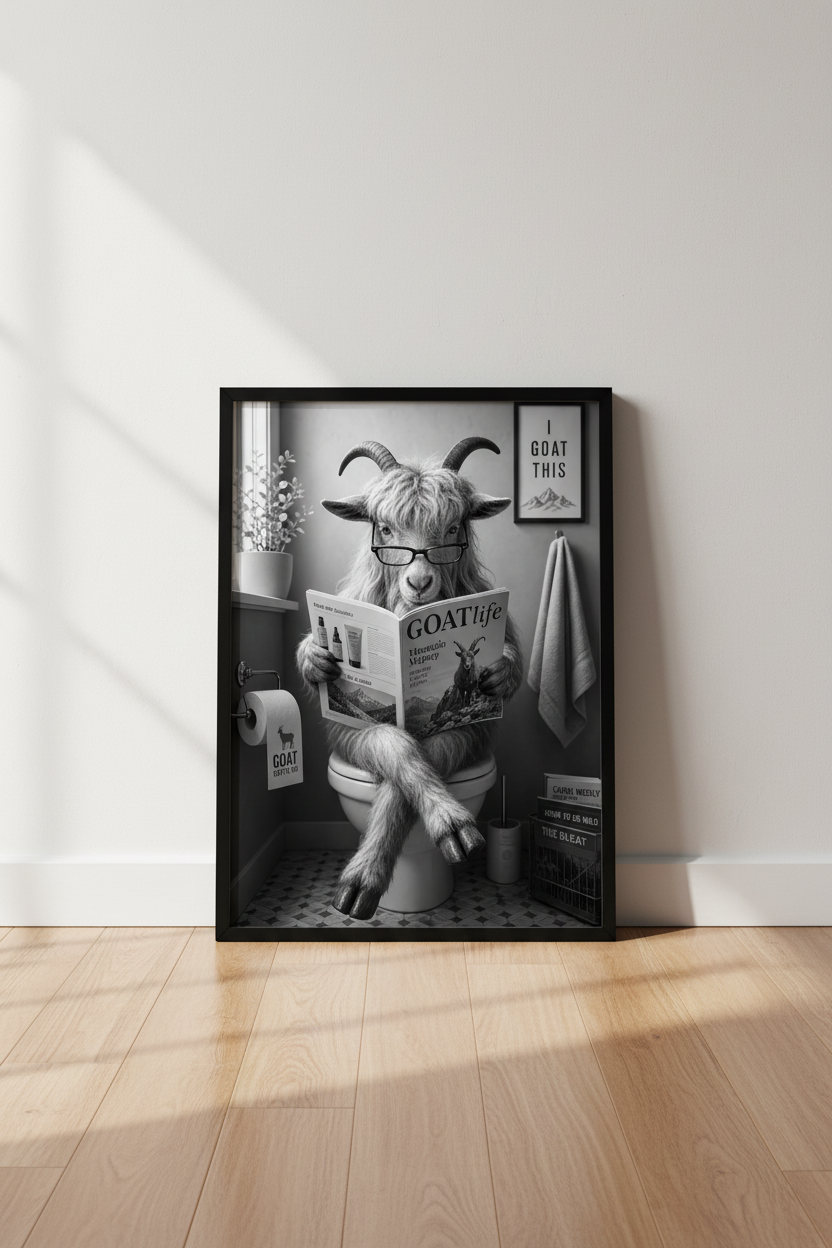 Funny Goat on Toilet Wall Art | Black &amp; White Animal Poster, Bathroom Decor