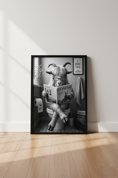 Funny Goat on Toilet Wall Art | Black &amp; White Animal Poster, Bathroom Decor