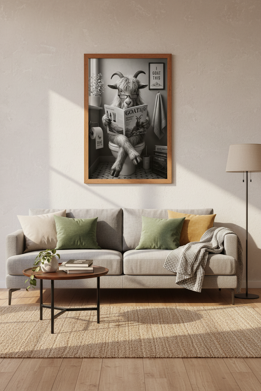 Funny Goat on Toilet Wall Art | Black &amp; White Animal Poster, Bathroom Decor