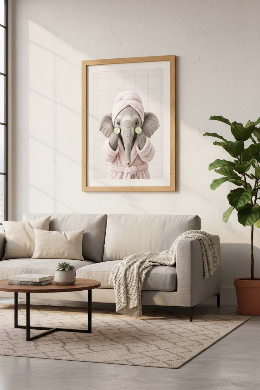 Elephant Spa Day Wall Art | Cute Animal in Pink Robe, Fun Bathroom Decor