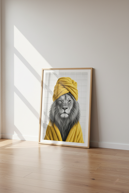 Lion in Yellow Towel Wall Art | Bathroom Decor | Quirky Modern Poster