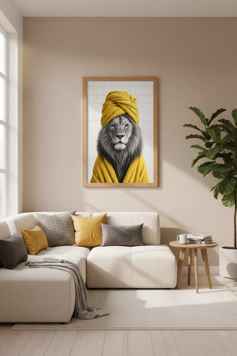 Lion in Yellow Towel Wall Art | Bathroom Decor | Quirky Modern Poster
