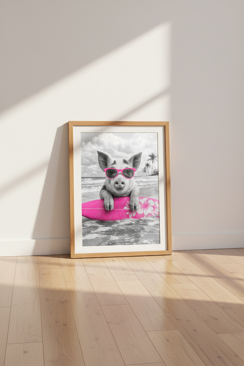 Surfing Pig Wall Art | Hot Pink &amp; Black White Beach Decor | Fun Animal Poster
