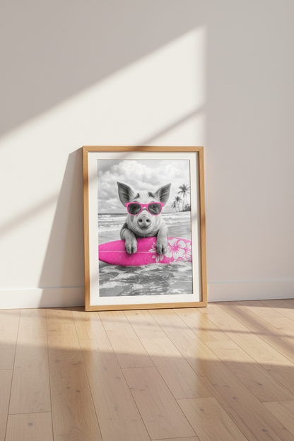 Surfing Pig Wall Art | Hot Pink &amp; Black White Beach Decor | Fun Animal Poster