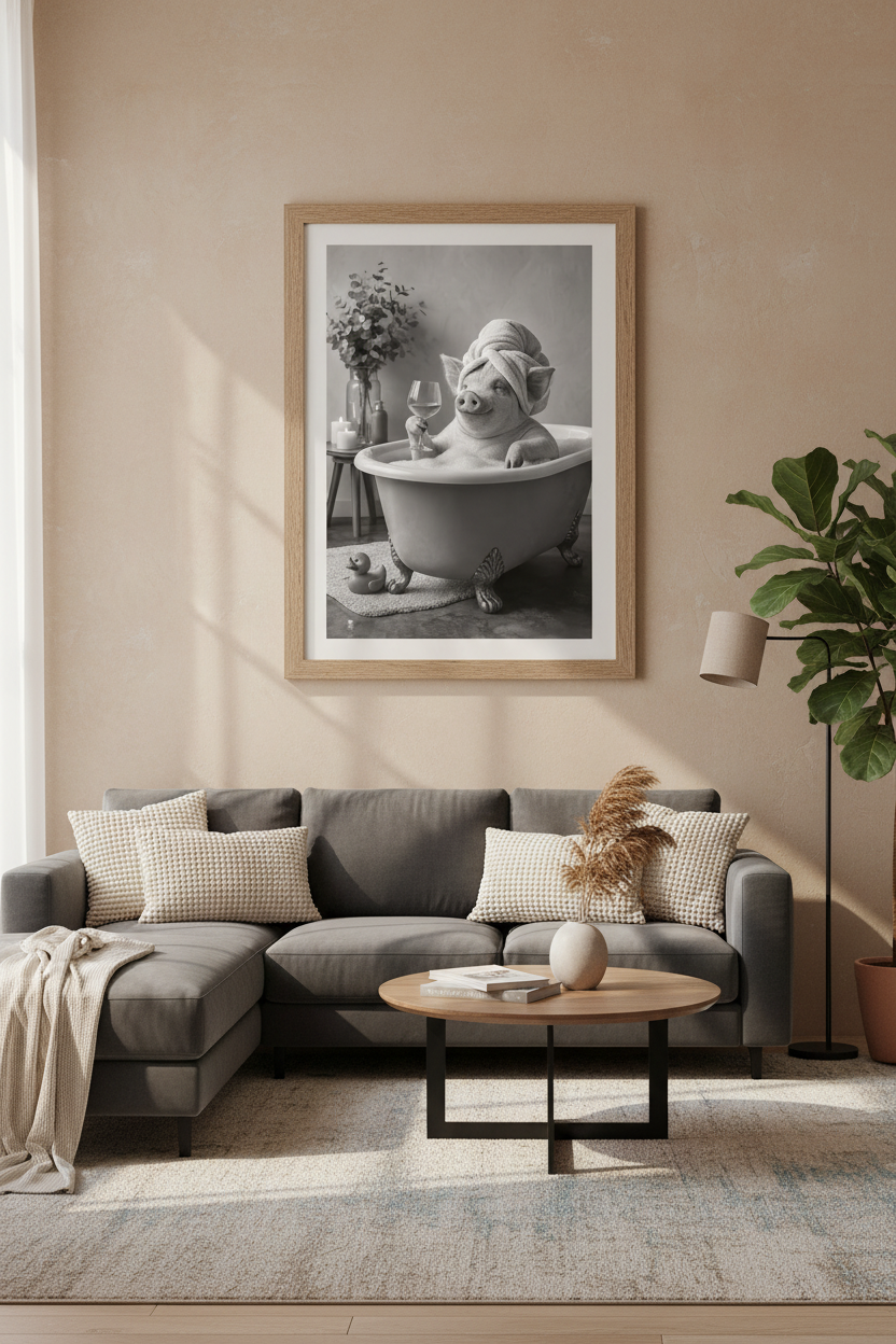 Pig in Bathtub Wall Art | Funny Black and White Poster, Bathroom Decor Art