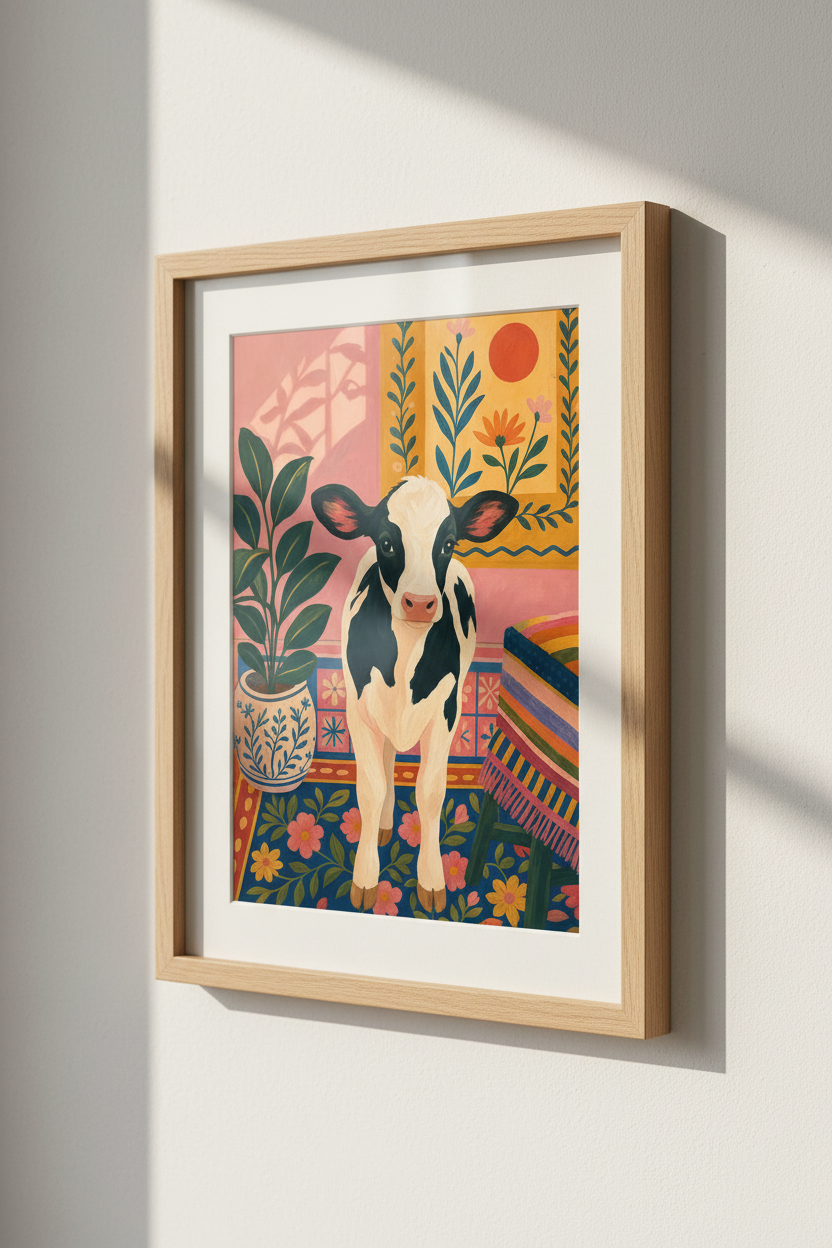 Maximalist Cow Wall Art | Colorful Boho Farmhouse Print, Eclectic Nursery Decor