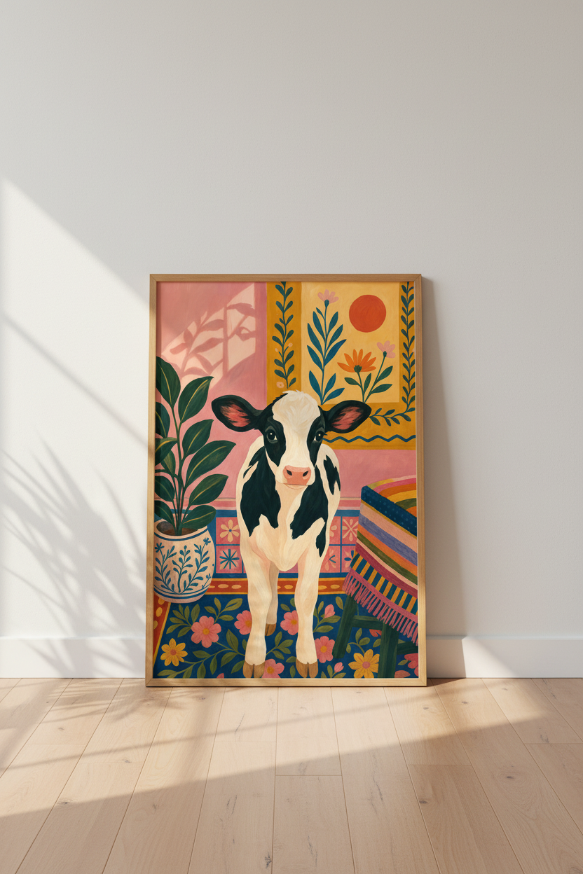 Maximalist Cow Wall Art | Colorful Boho Farmhouse Print, Eclectic Nursery Decor