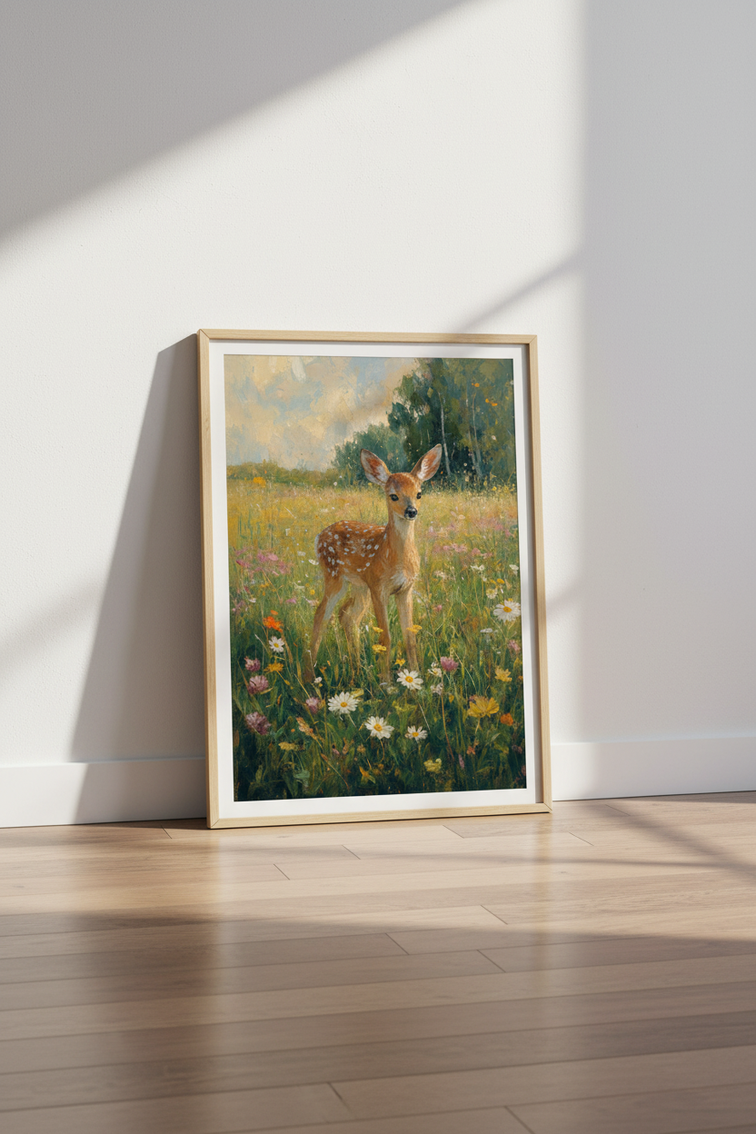 Fawn in Wildflower Meadow | Impressionist Oil Style, Nursery &amp; Cottagecore Decor