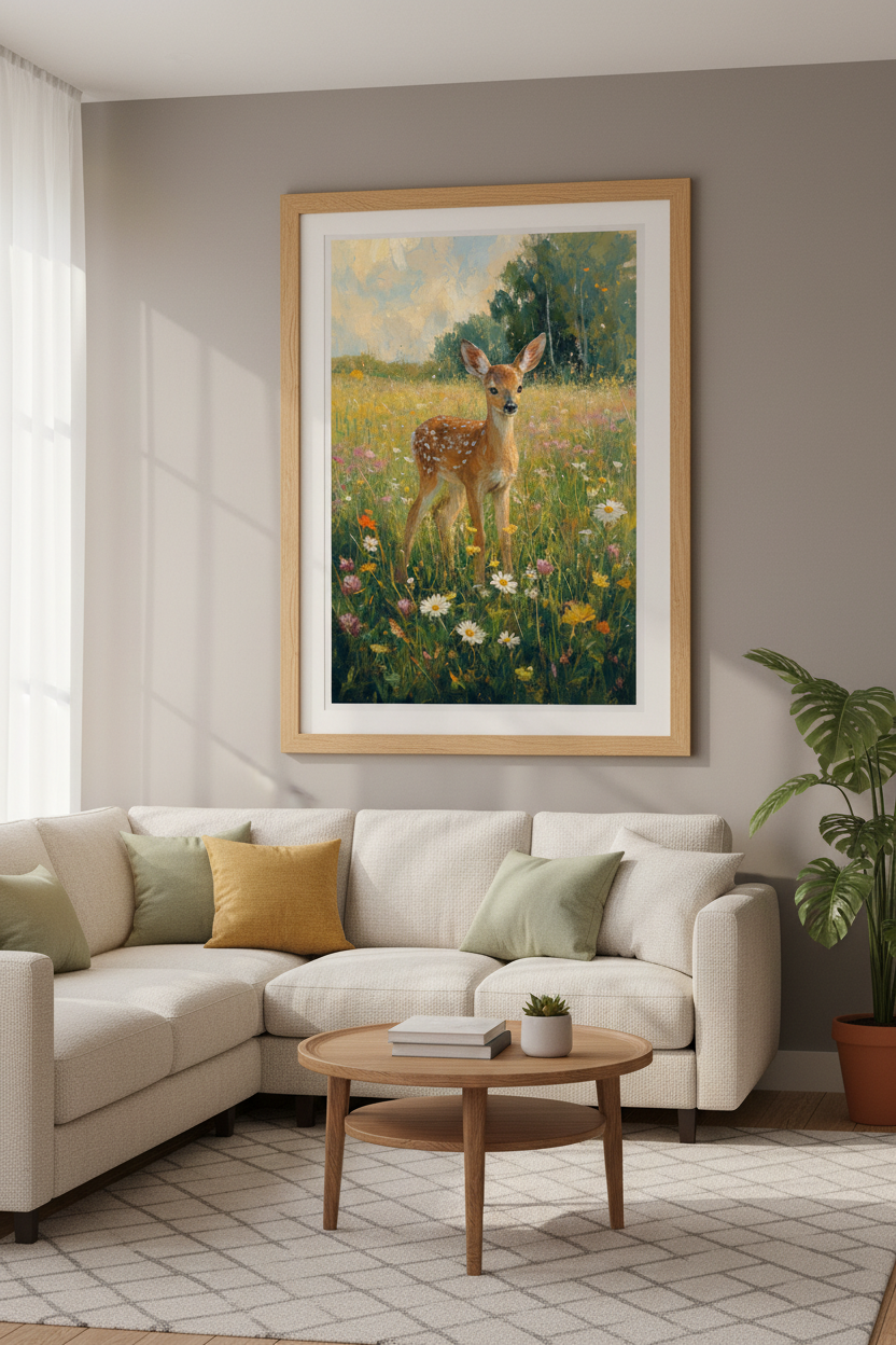 Fawn in Wildflower Meadow | Impressionist Oil Style, Nursery &amp; Cottagecore Decor