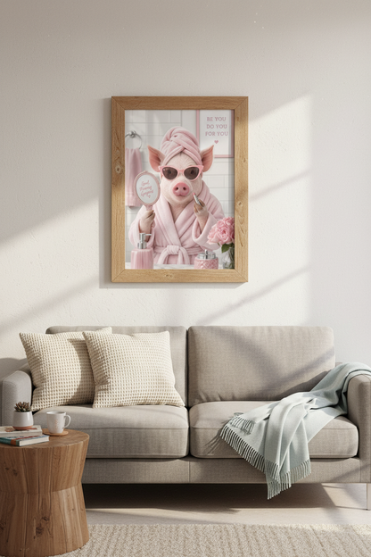 Pink Pig in Bathrobe Wall Art | Funny Bathroom Decor | Preppy Glam Poster