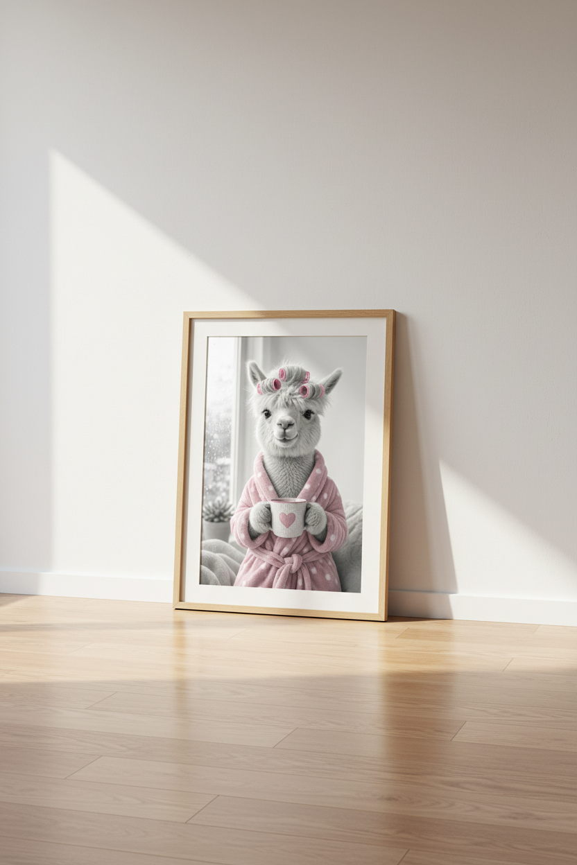 Alpaca in Pink Robe Wall Art | Bathroom &amp; Bedroom Decor | Whimsical Animal Poster