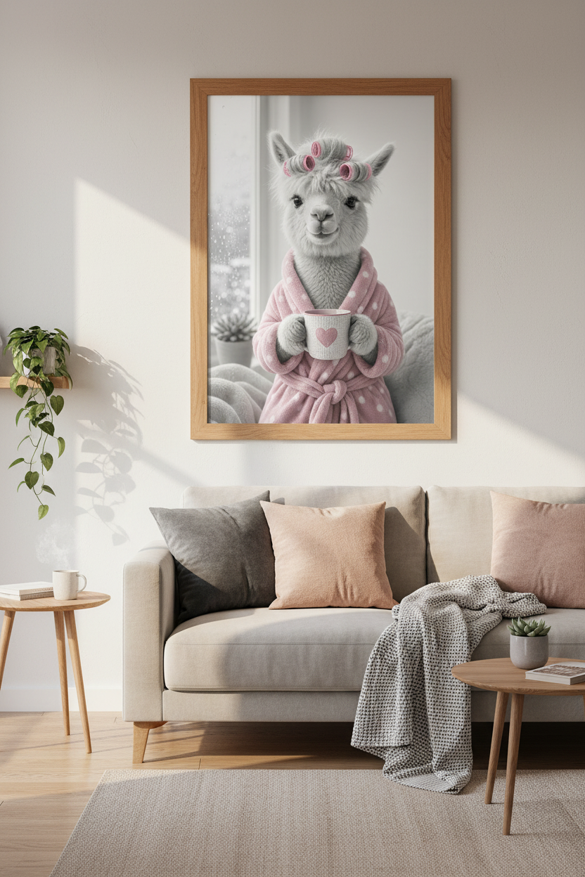 Alpaca in Pink Robe Wall Art | Bathroom &amp; Bedroom Decor | Whimsical Animal Poster