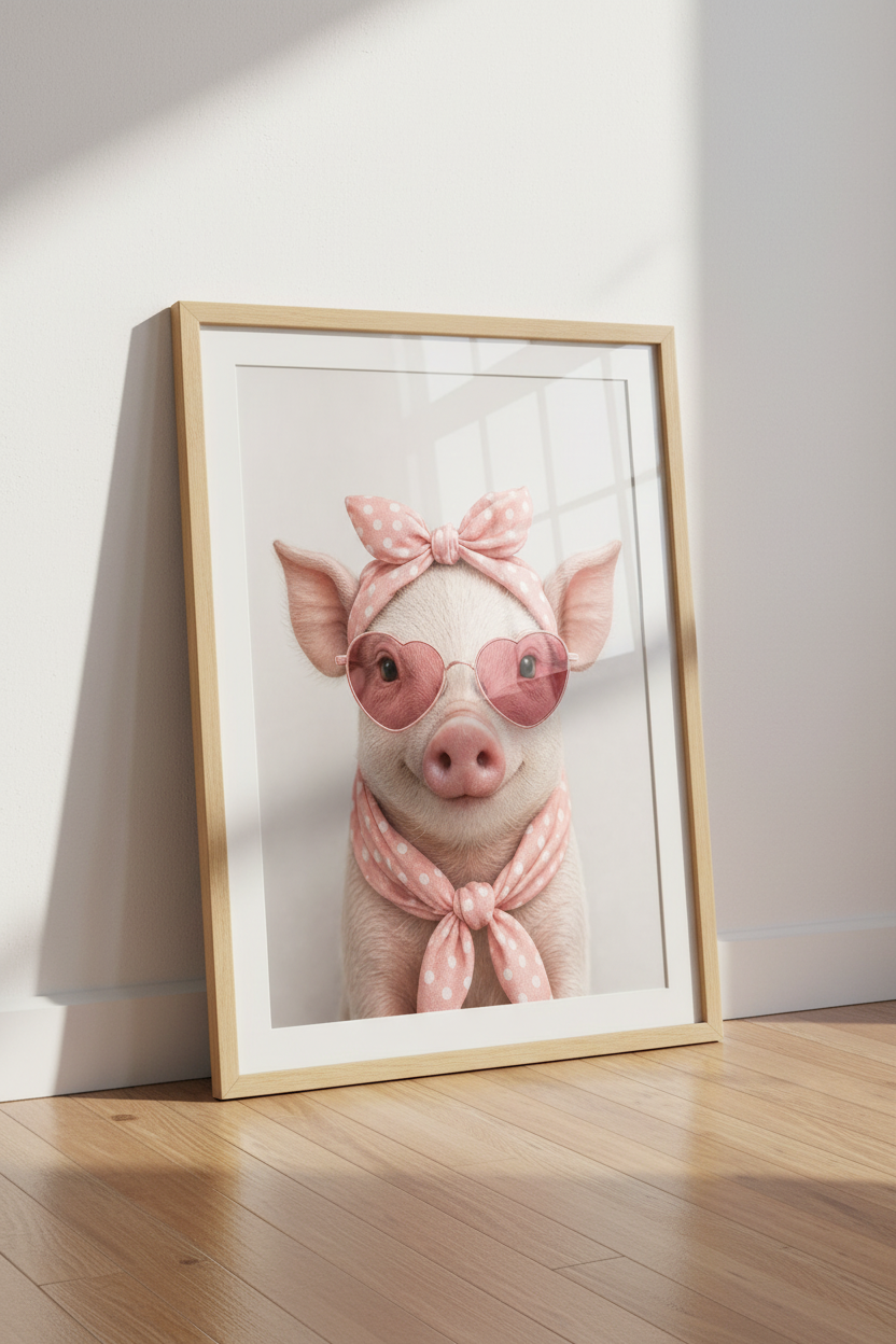 Piglet in Pink Sunglasses Wall Art | Nursery Decor | Cute Aesthetic Poster