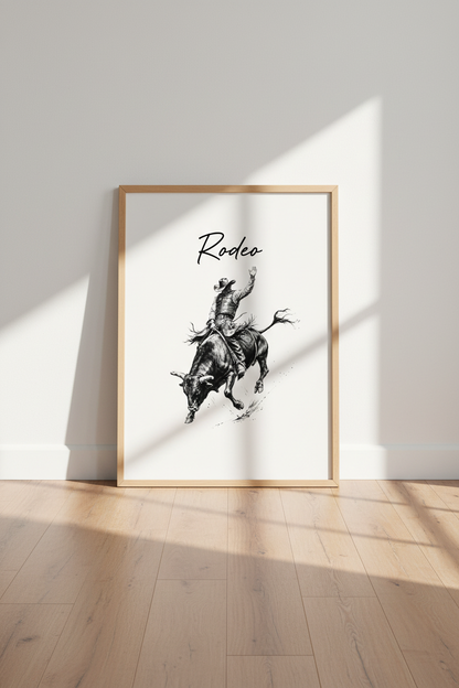 Bull Rider Rodeo Wall Art | Black and White Western Sketch, Modern Farmhouse Poster