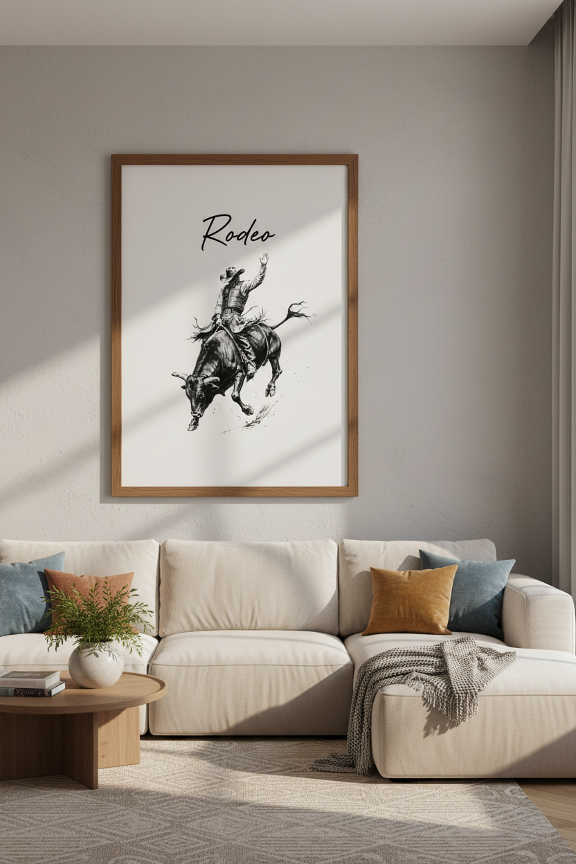 Bull Rider Rodeo Wall Art | Black and White Western Sketch, Modern Farmhouse Poster