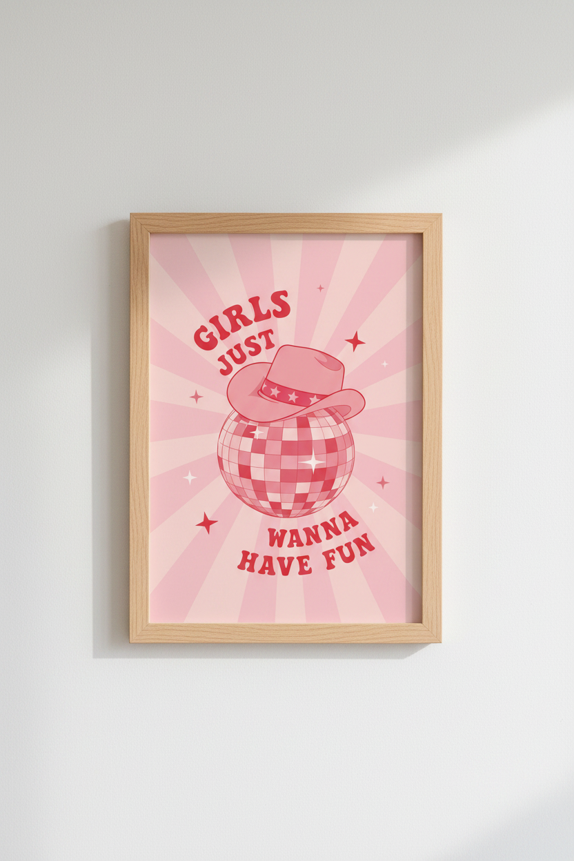 Disco Cowgirl Wall Art Print | Pink Retro Poster | Preppy Dorm Room Decor