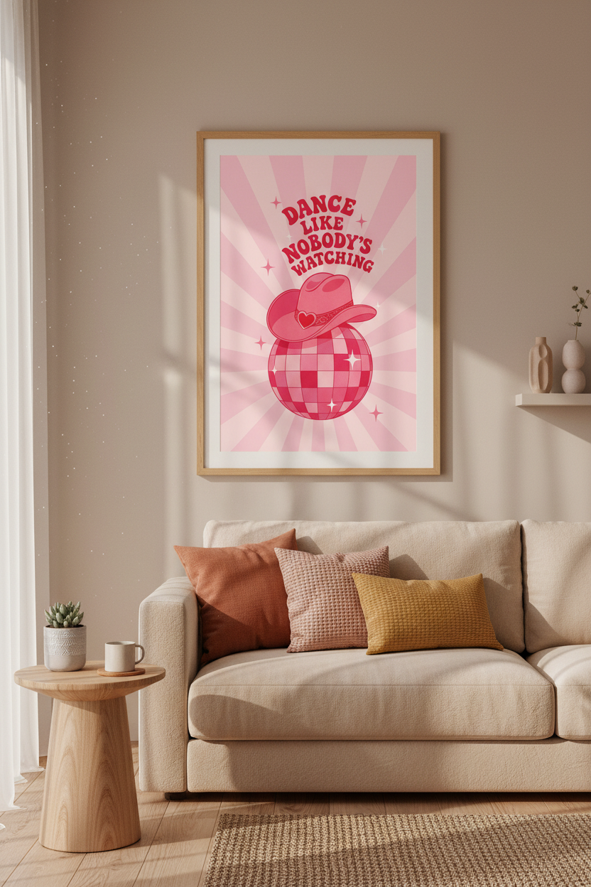 Disco Ball Cowboy Hat Wall Art | Pink Retro Decor, Western Aesthetic Poster
