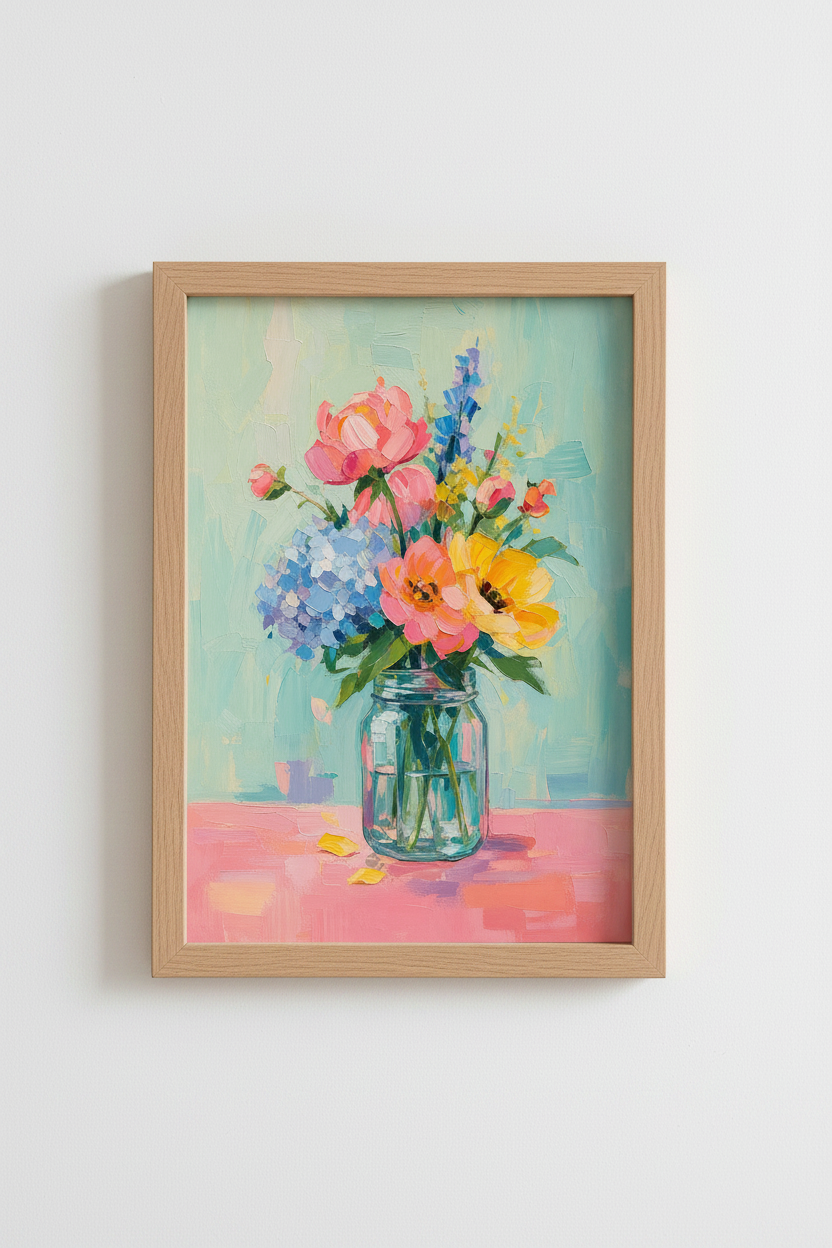 Impasto Floral Art Print | Teal and Pink Bouquet | Colorful Impressionist Poster