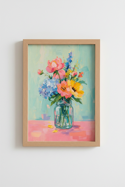 Impasto Floral Art Print | Teal and Pink Bouquet | Colorful Impressionist Poster