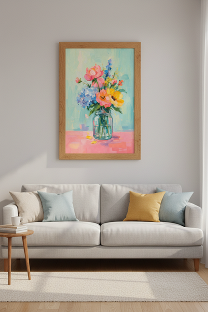 Impasto Floral Art Print | Teal and Pink Bouquet | Colorful Impressionist Poster