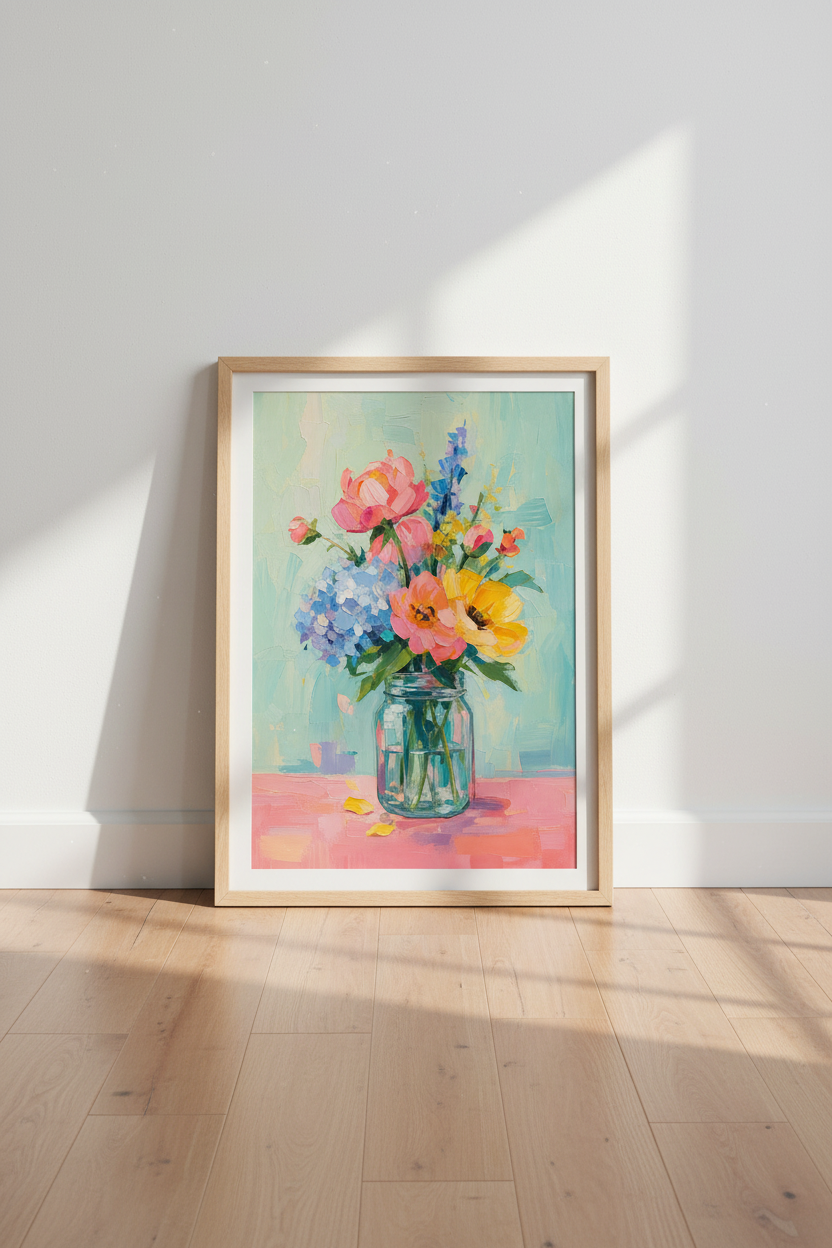 Impasto Floral Art Print | Teal and Pink Bouquet | Colorful Impressionist Poster