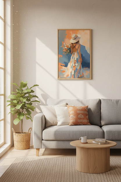 Impressive Oil Painting Art | Woman with Flowers, Summer Floral Living Room Decor