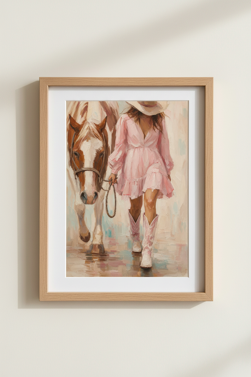 Western Coastal Wall Art Print | Pink Cowgirl Decor | Equestrian Oil Painting Poster