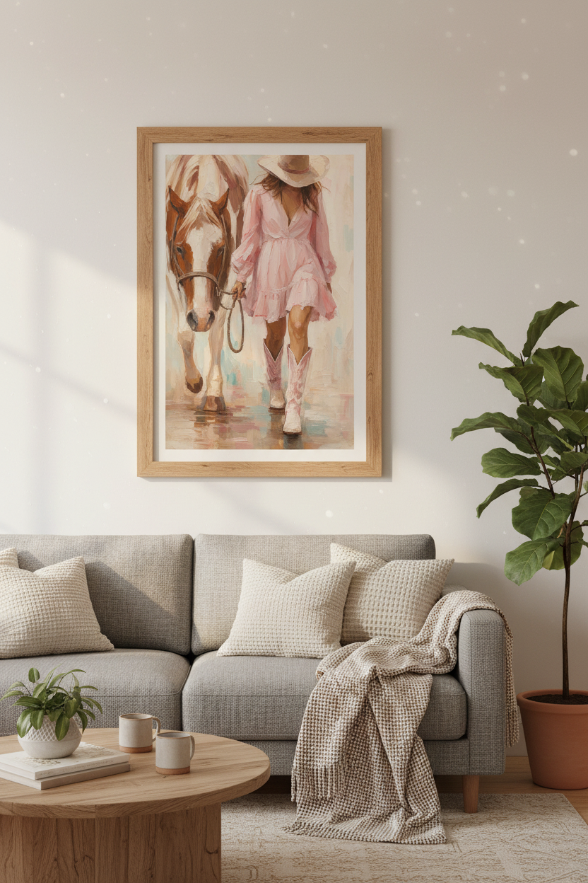 Western Coastal Wall Art Print | Pink Cowgirl Decor | Equestrian Oil Painting Poster