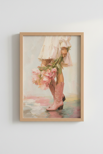Pink Cowgirl Art Print | Western Boho Bedroom Decor | Pink Cowboy Boots Poster
