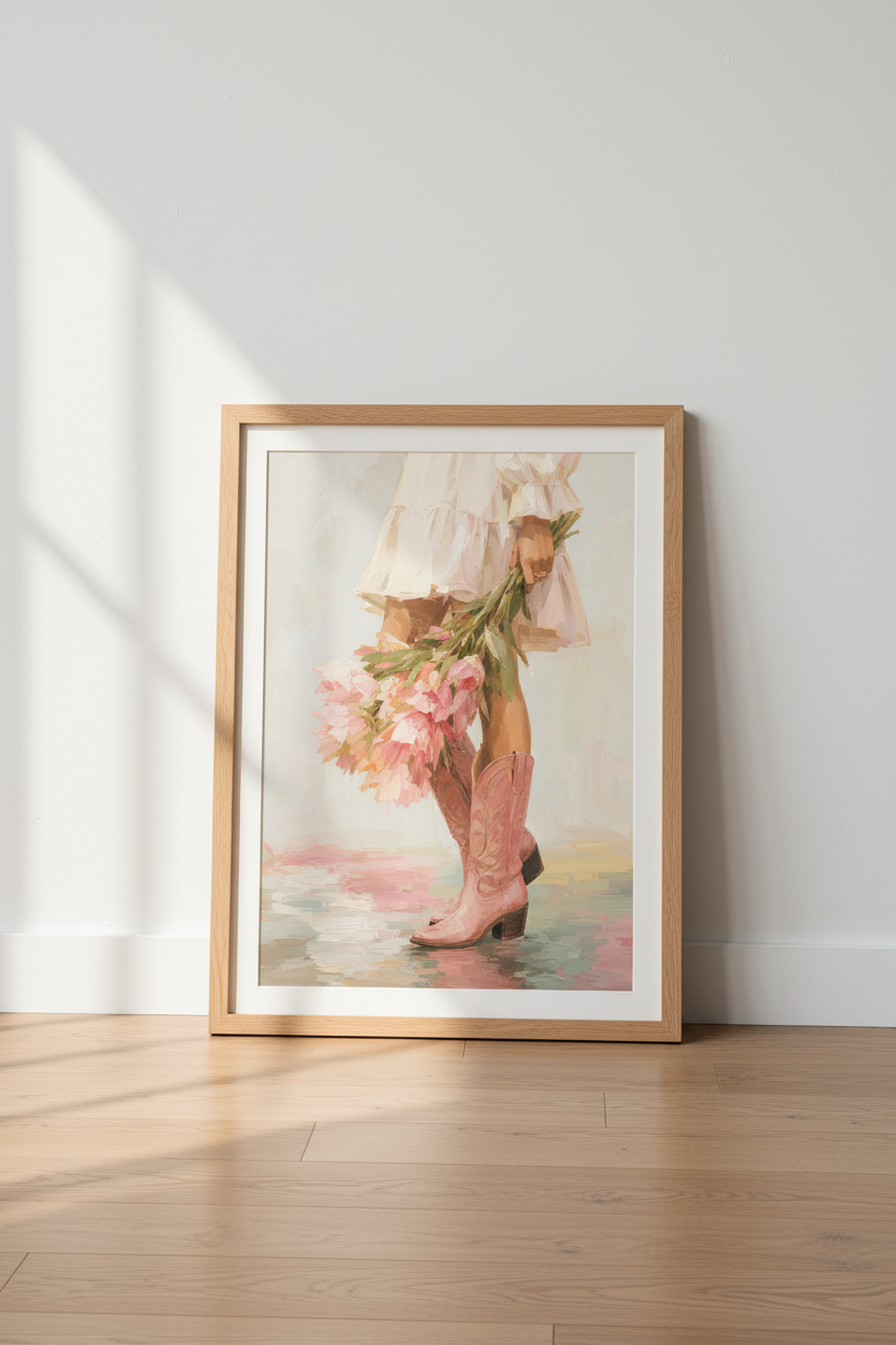 Pink Cowgirl Art Print | Western Boho Bedroom Decor | Pink Cowboy Boots Poster