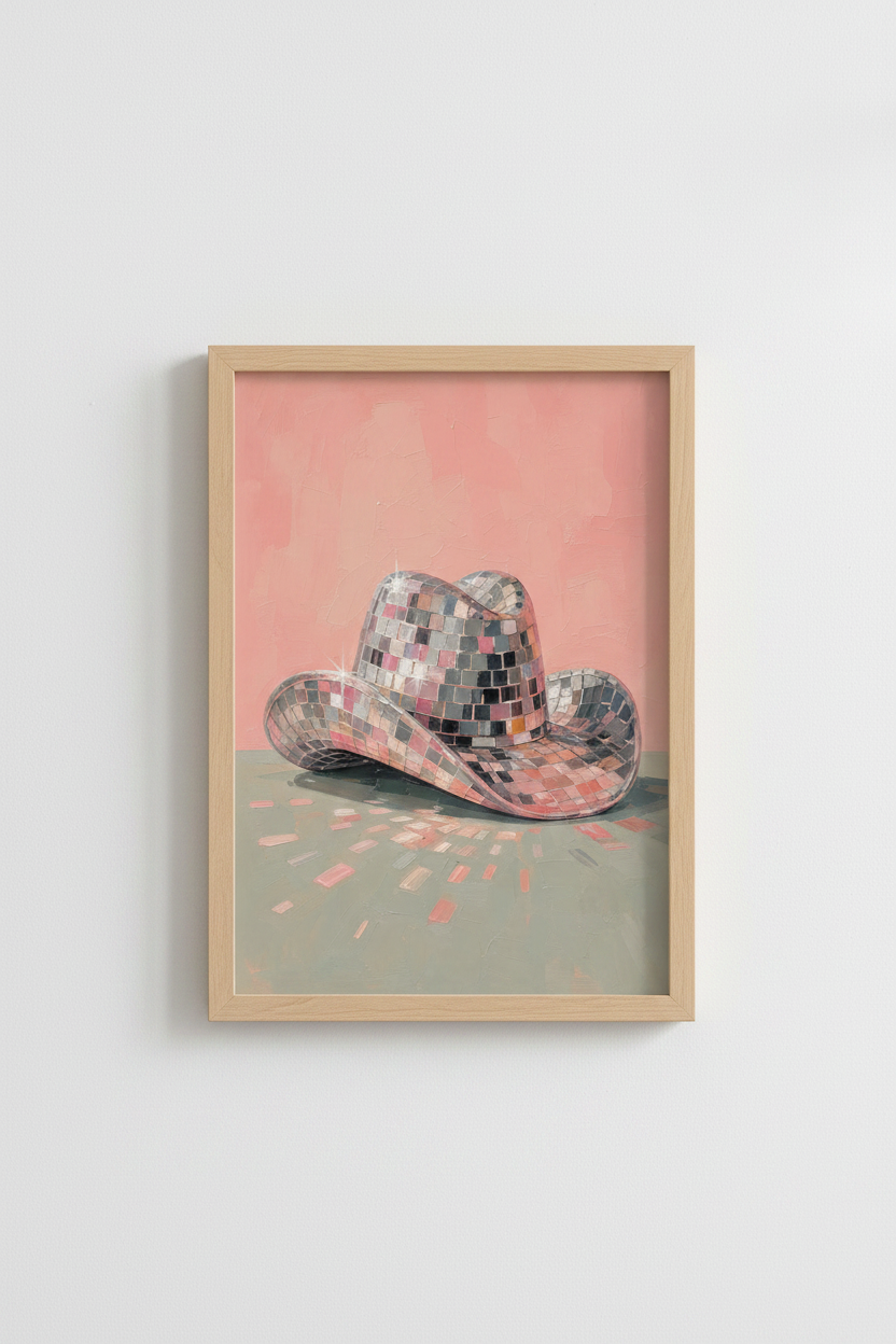 Pink Disco Cowboy Hat | Western Glam Preppy Decor | Shimmering Aesthetic Poster