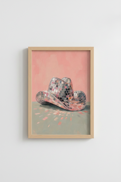 Pink Disco Cowboy Hat | Western Glam Preppy Decor | Shimmering Aesthetic Poster