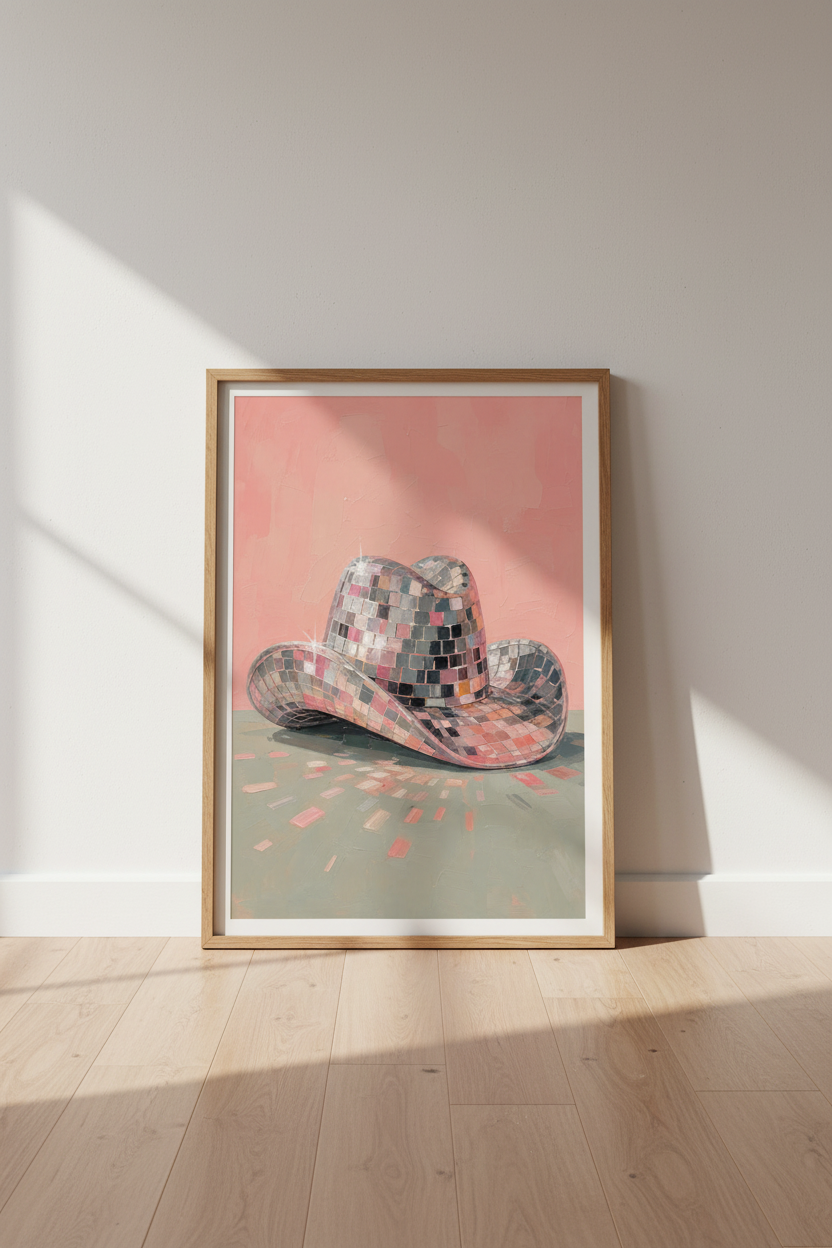 Pink Disco Cowboy Hat | Western Glam Preppy Decor | Shimmering Aesthetic Poster