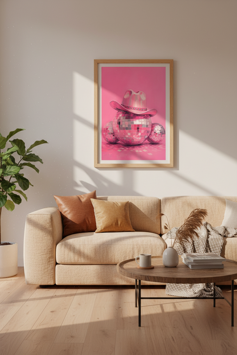 Pink Disco Ball Art Print | Retro Cowgirl Poster, Preppy Dorm &amp; Living Room Decor