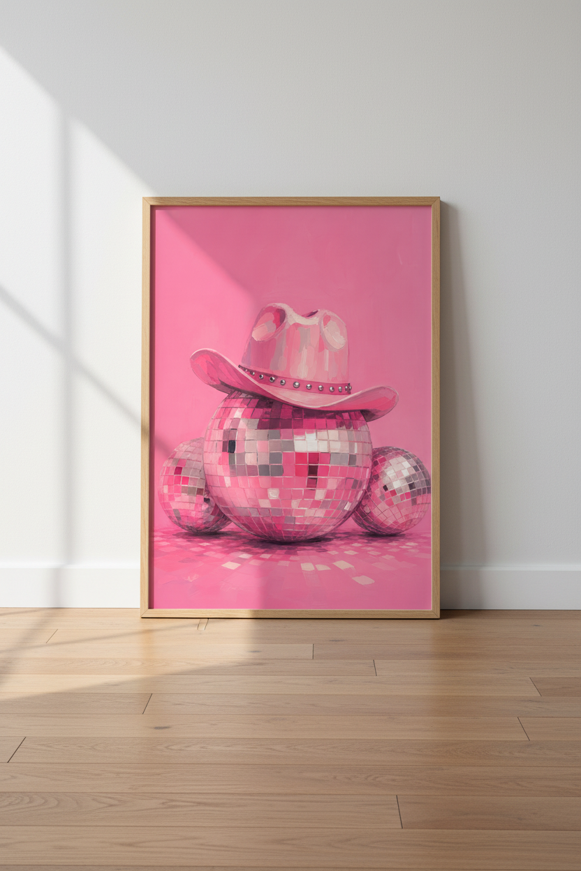 Pink Disco Ball Art Print | Retro Cowgirl Poster, Preppy Dorm &amp; Living Room Decor