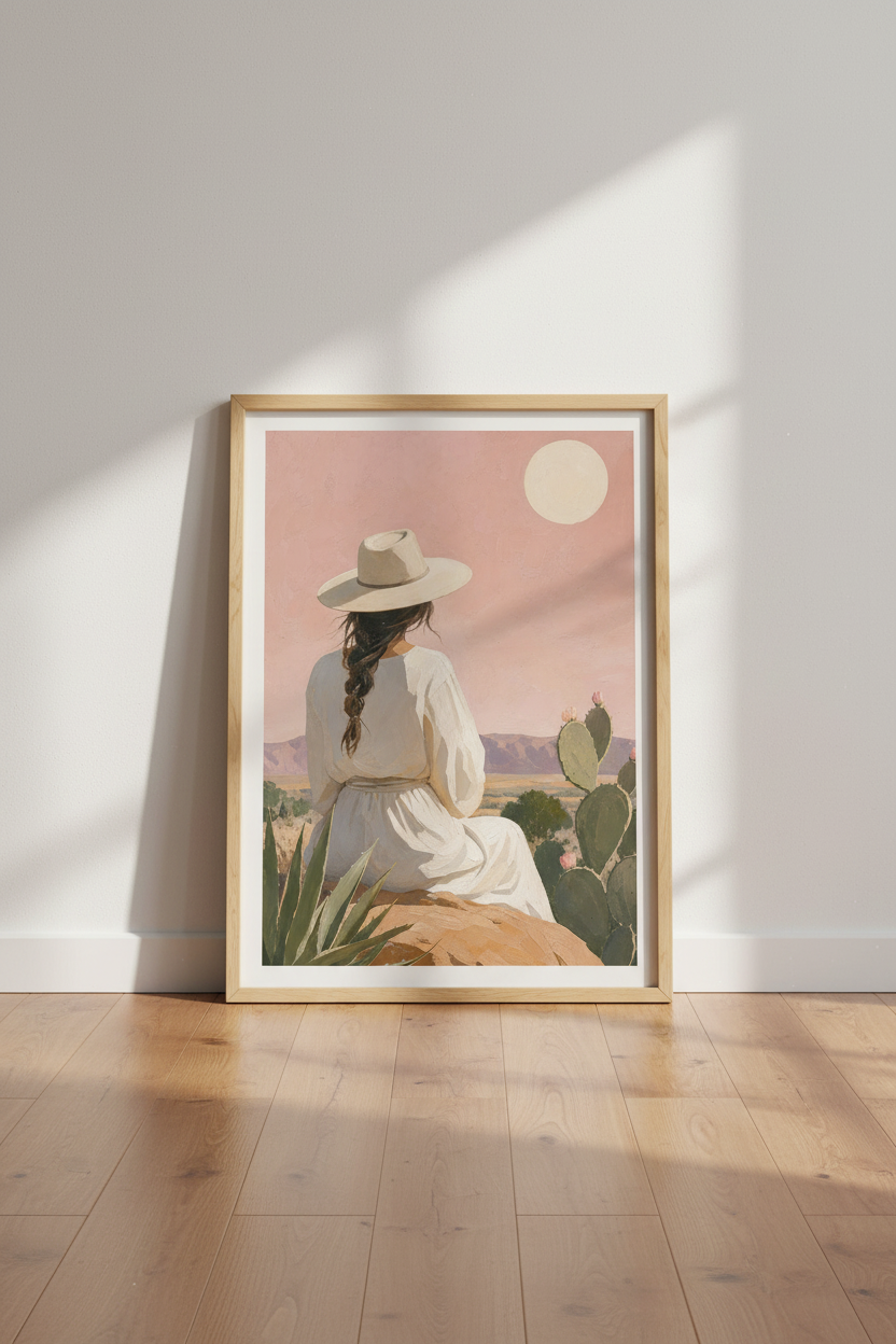Desert Boho Wall Art Print | Pink Southwest Landscape, Modern Cactus Home Decor