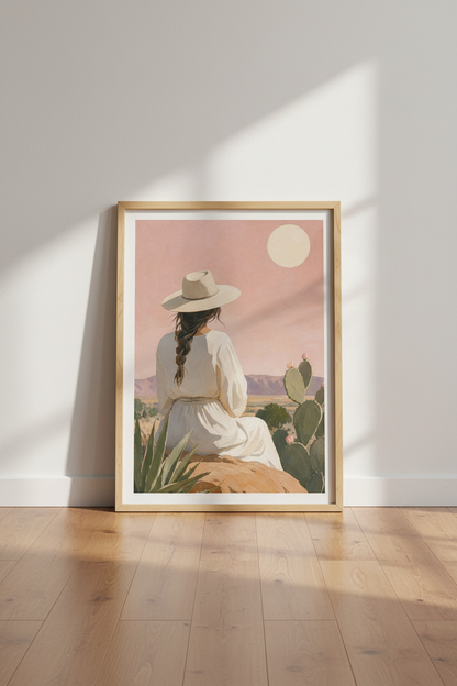 Desert Boho Wall Art Print | Pink Southwest Landscape, Modern Cactus Home Decor