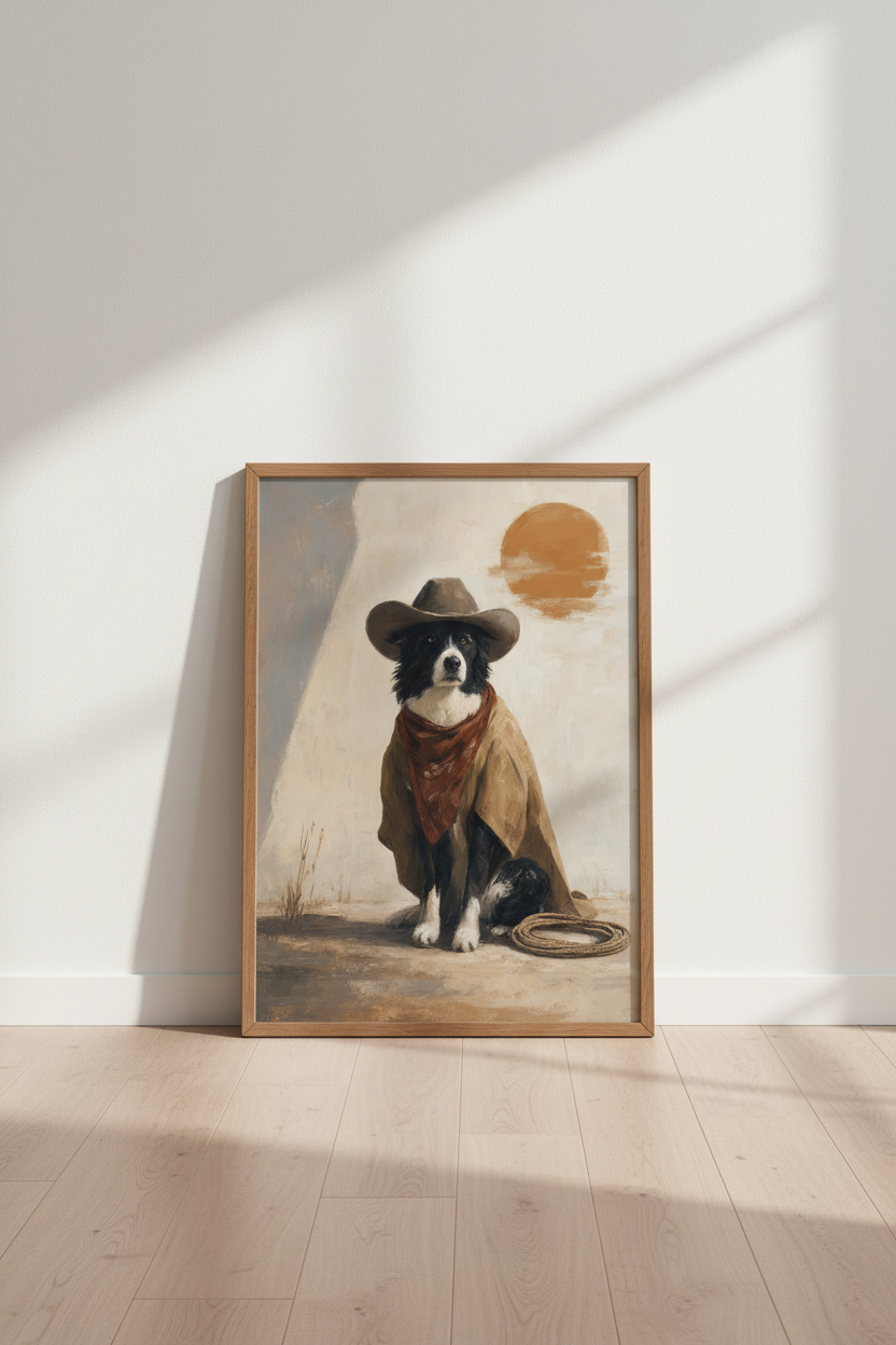 Cowboy Border Collie Wall Art | Rustic Western Dog Decor | Desert Sun Poster