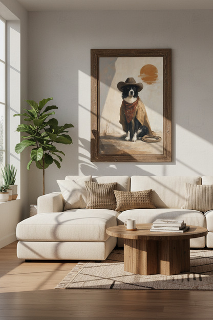 Cowboy Border Collie Wall Art | Rustic Western Dog Decor | Desert Sun Poster