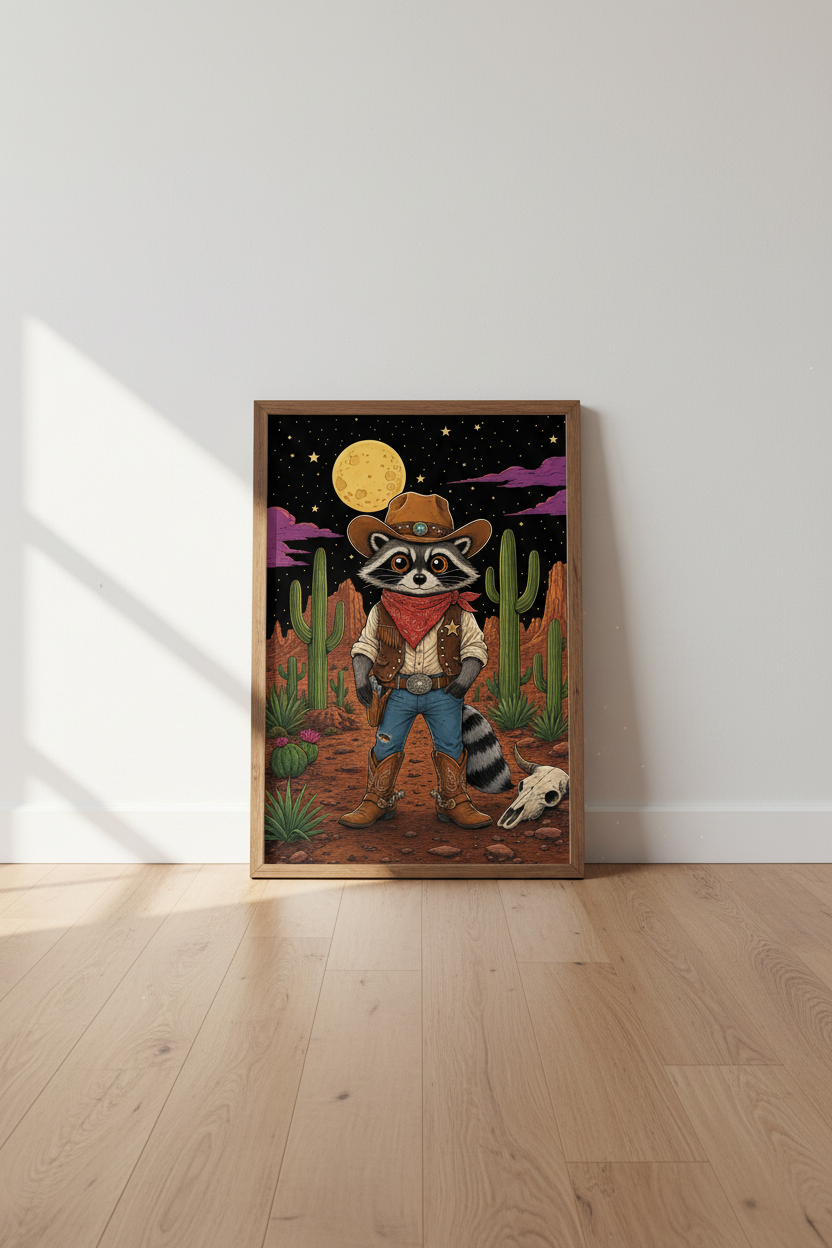 Cowboy Raccoon Wall Art | Western Desert Moon Poster, Whimsical Nursery Decor