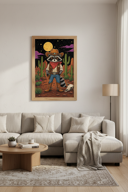 Cowboy Raccoon Wall Art | Western Desert Moon Poster, Whimsical Nursery Decor