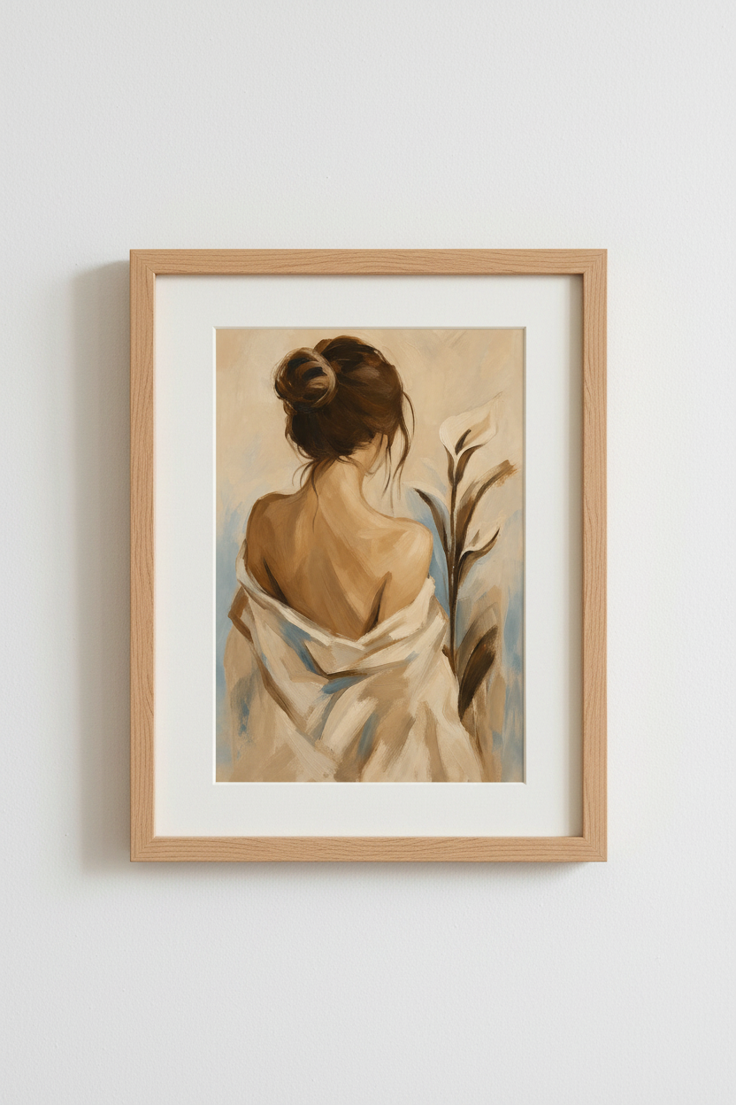 Neutral Woman Art Print | Minimalist Beige Oil Painting, Chic Bedroom Decor