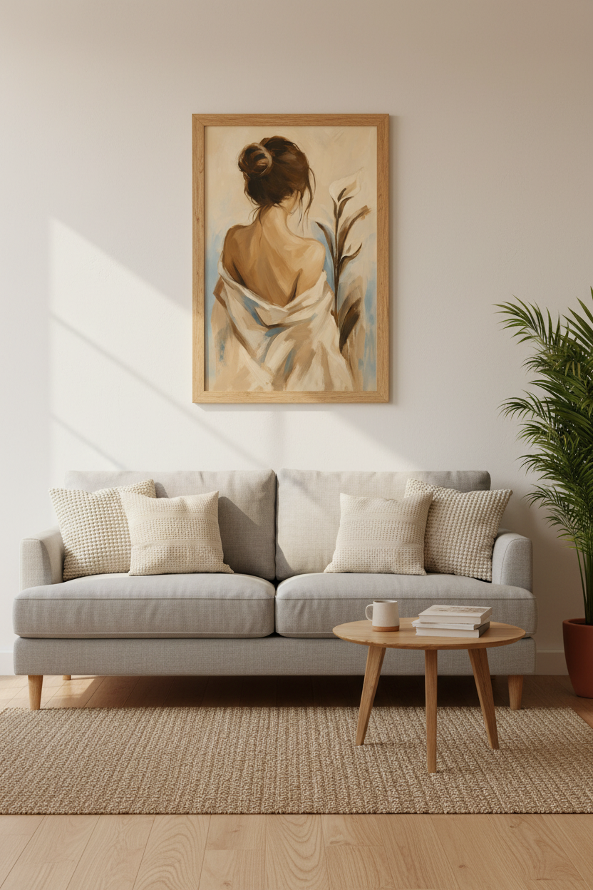 Neutral Woman Art Print | Minimalist Beige Oil Painting, Chic Bedroom Decor