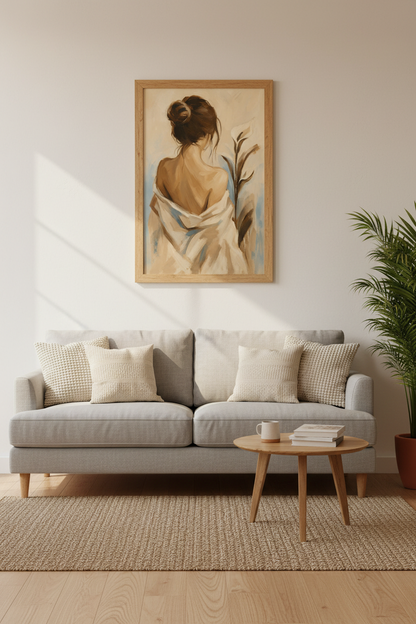 Neutral Woman Art Print | Minimalist Beige Oil Painting, Chic Bedroom Decor