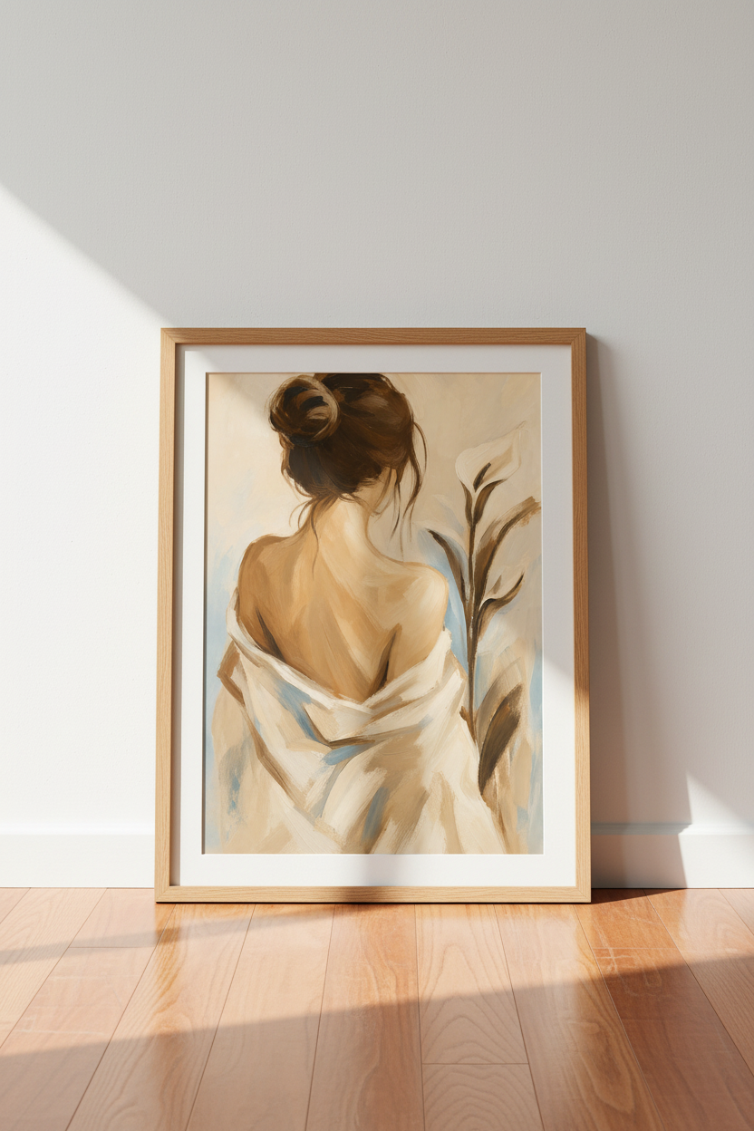 Neutral Woman Art Print | Minimalist Beige Oil Painting, Chic Bedroom Decor